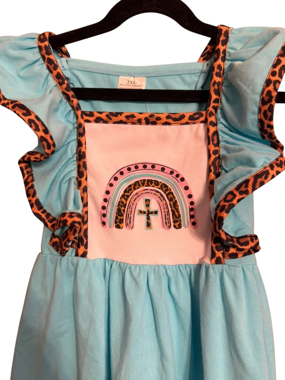 Girls Aqua Ruffle Dress with Pink Rainbow Panel